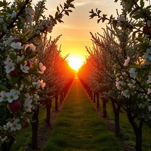 A picturesque orchard with rows of apple trees in full bloom, bathed in the warm light of sunrise.