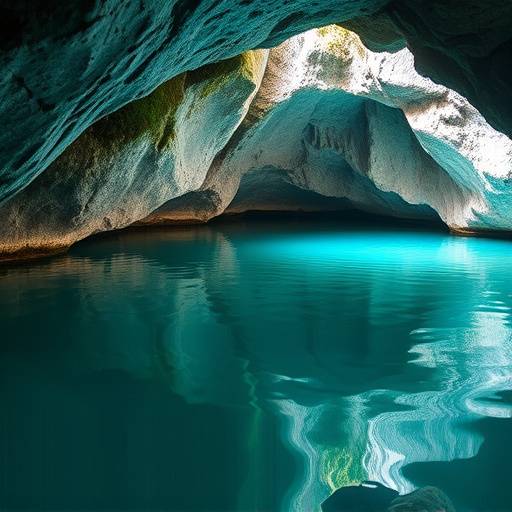 A series of caves along the shore of Emerald Lake, with turquoise water reflecting on the cave walls.