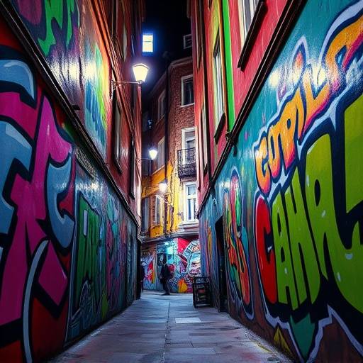A vibrant alleyway filled with colorful street art and murals.