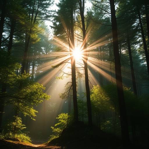 Dense forest of Whispering Woods, with sunlight filtering through the trees creating a mystical atmosphere.