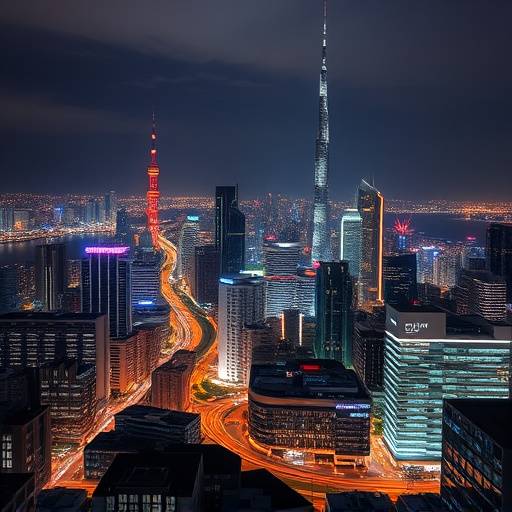 Downtown Horizon City at night, showcasing modern architecture and vibrant city lights.