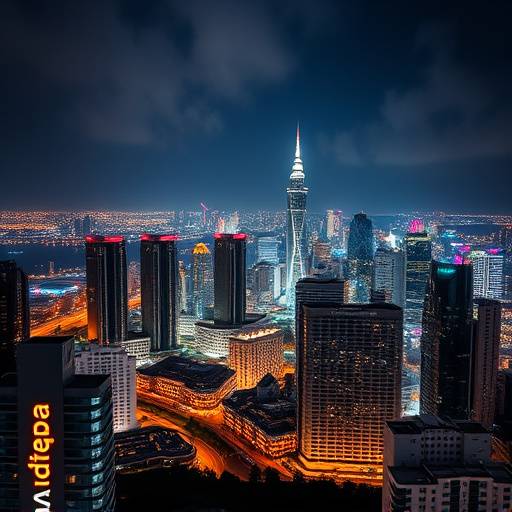 Downtown Horizon City at night, showcasing modern architecture and vibrant city lights.