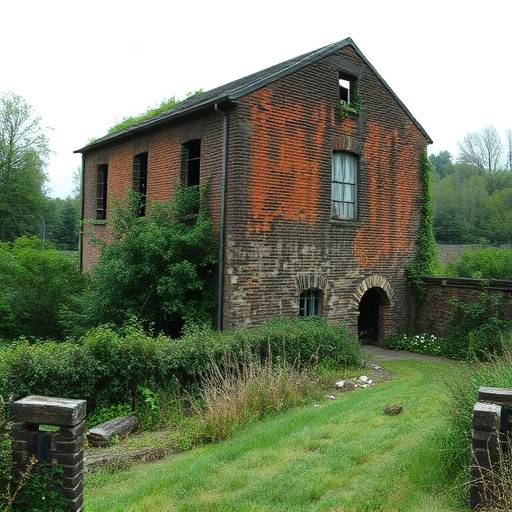 Exterior of an old, abandoned mill in a rural setting, showing weathered brick and overgrown vegetation.