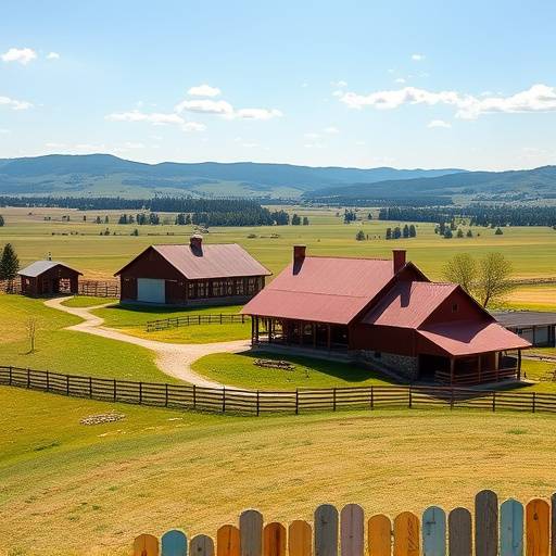 Exterior of Grand Vista Ranch, showcasing a large farmhouse, barns, and open fields.