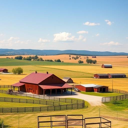Exterior of Grand Vista Ranch, showcasing a large farmhouse, barns, and open fields.
