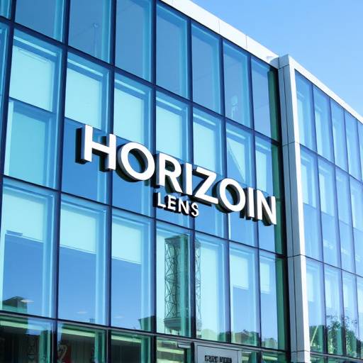Exterior view of the Horizon Lens headquarters building, a modern glass and steel structure with the company logo displayed prominently.