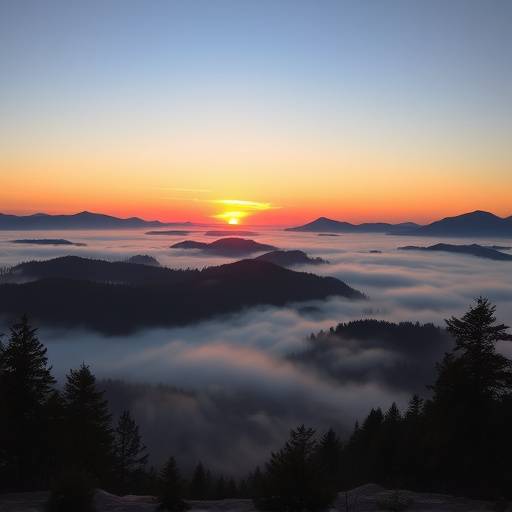 Panoramic view of Lake Serenity at sunrise, with mist rising from the water.