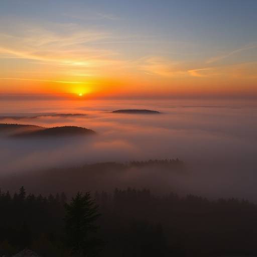 Panoramic view of Lake Serenity at sunrise, with mist rising from the water.